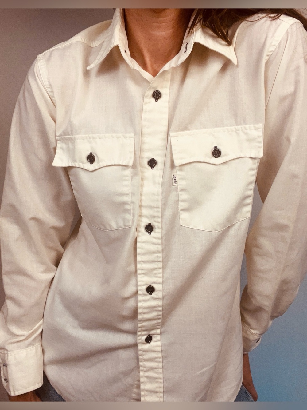 Vintage 70s Levi’s Saddleman Western Work Shirt – White Tab - Ivory Chambray – M - Picture 2 of 12